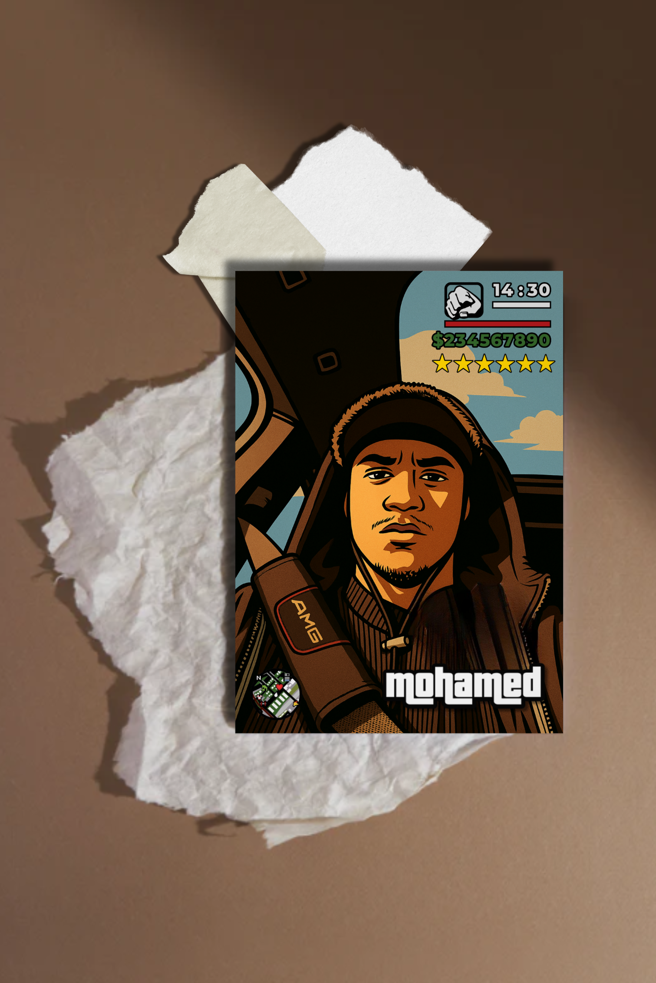 Affiche photo personnalisé style jeu vidéo GTA avec mini-map radar et interface HUD complète cadeau pour amis.