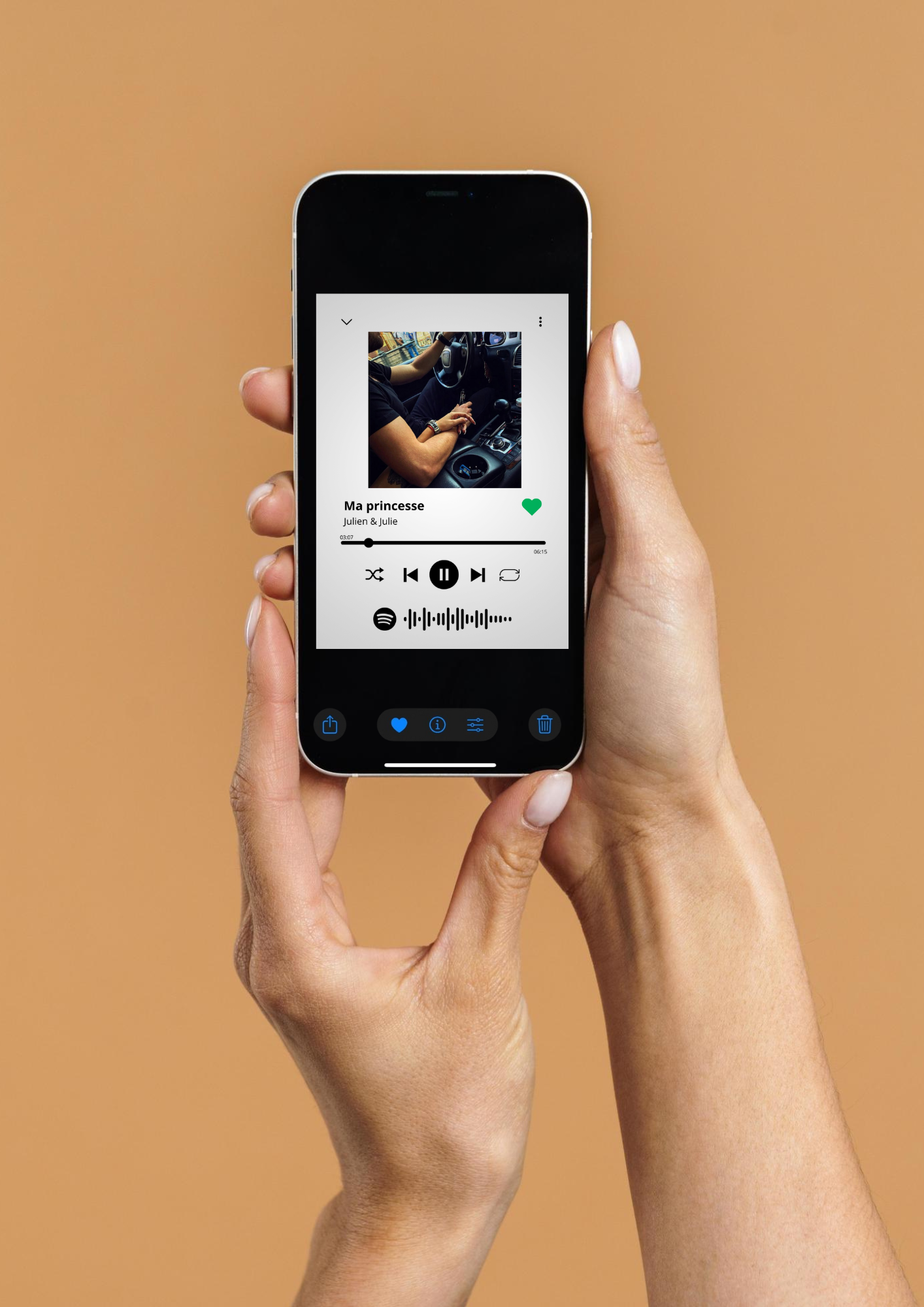 Affiche photo numérique personnalisé style lecteur Spotify avec code scannable pour écouter de la musique, idée cadeau couple, amis et famille.
