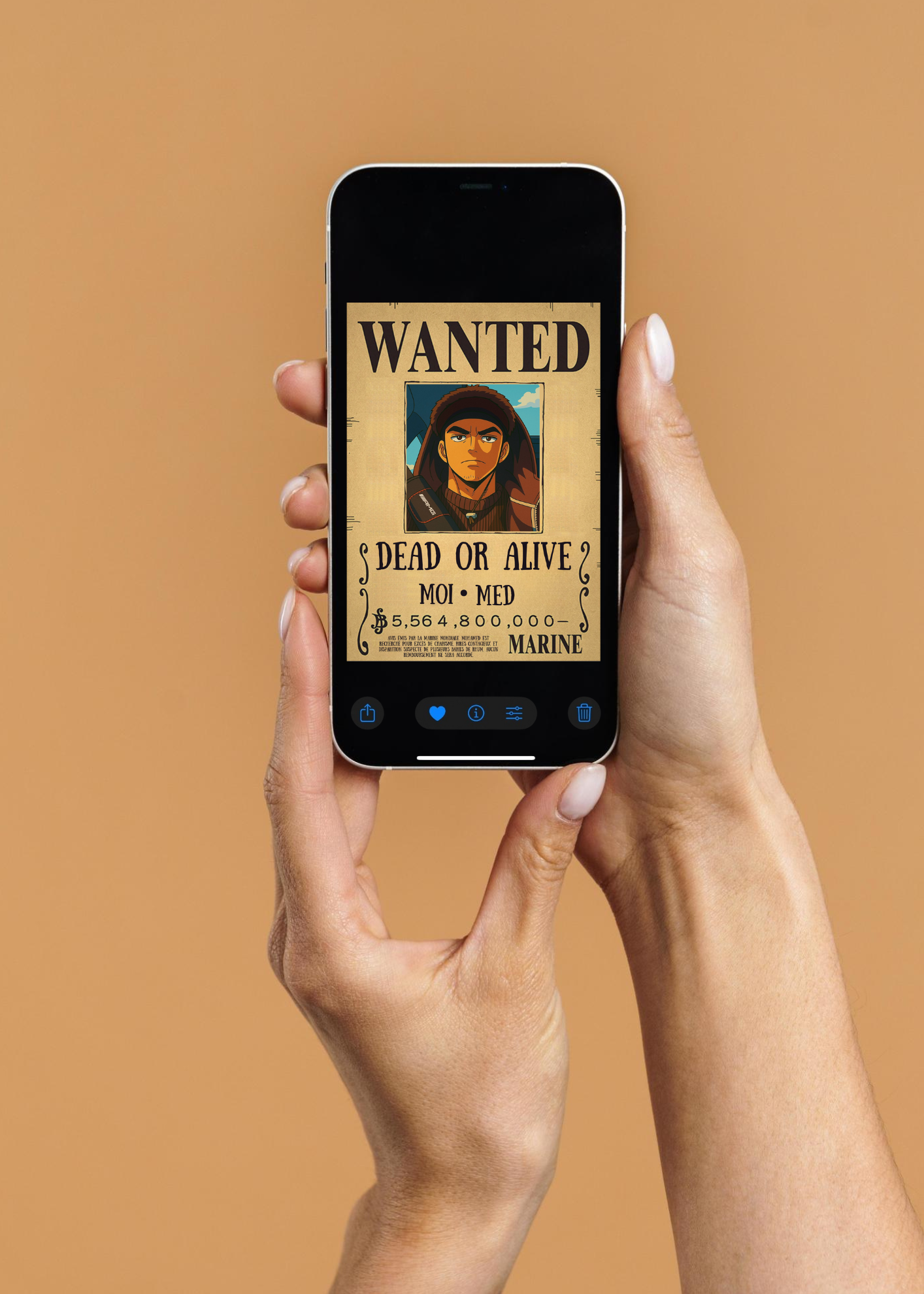 Affiche photo personnalisé version numérique style avis de recherche One Piece. Affiche Wanted Dead or Alive avec portrait et prime personnalisable.