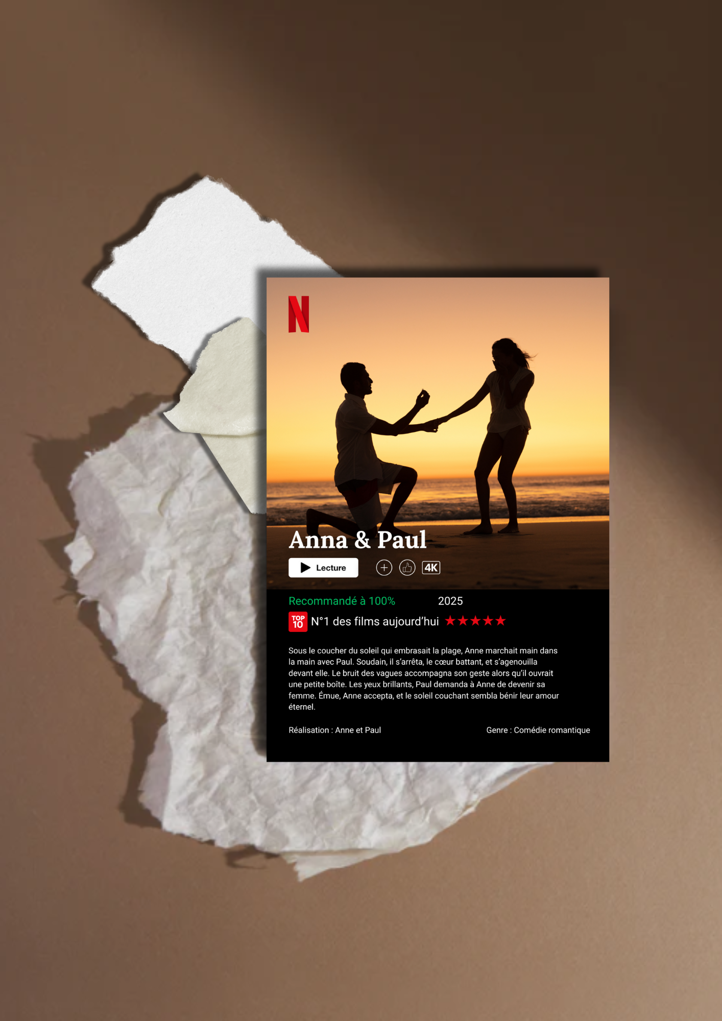 Affiche photo personnalisé style interface Netflix affiché comme décoration murale dans un salon, idée cadeau original.