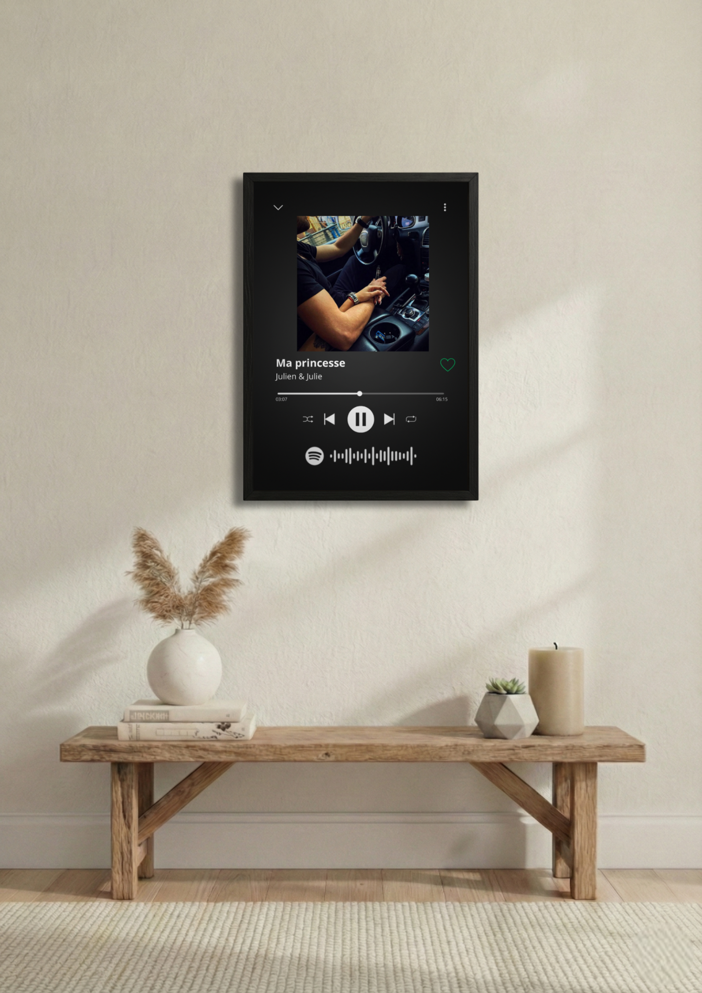 Cadre photo personnalisé style lecteur Spotify avec code scannable pour écouter de la musique, idée cadeau couple, amis et famille.