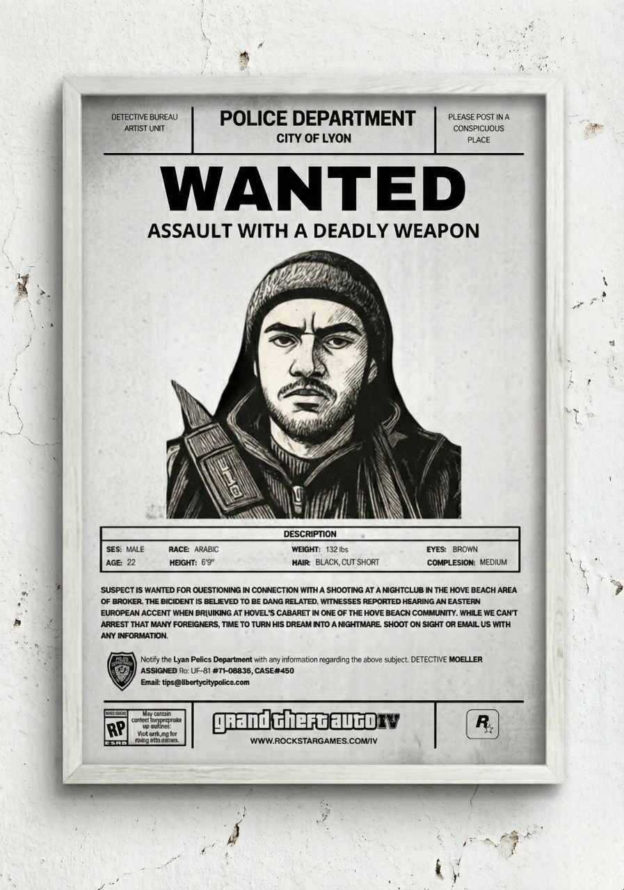 Cadre photo personnalisé style avis de recherche Wanted. Une décoration murale originale inspirée de GTA avec votre portrait en dessin.