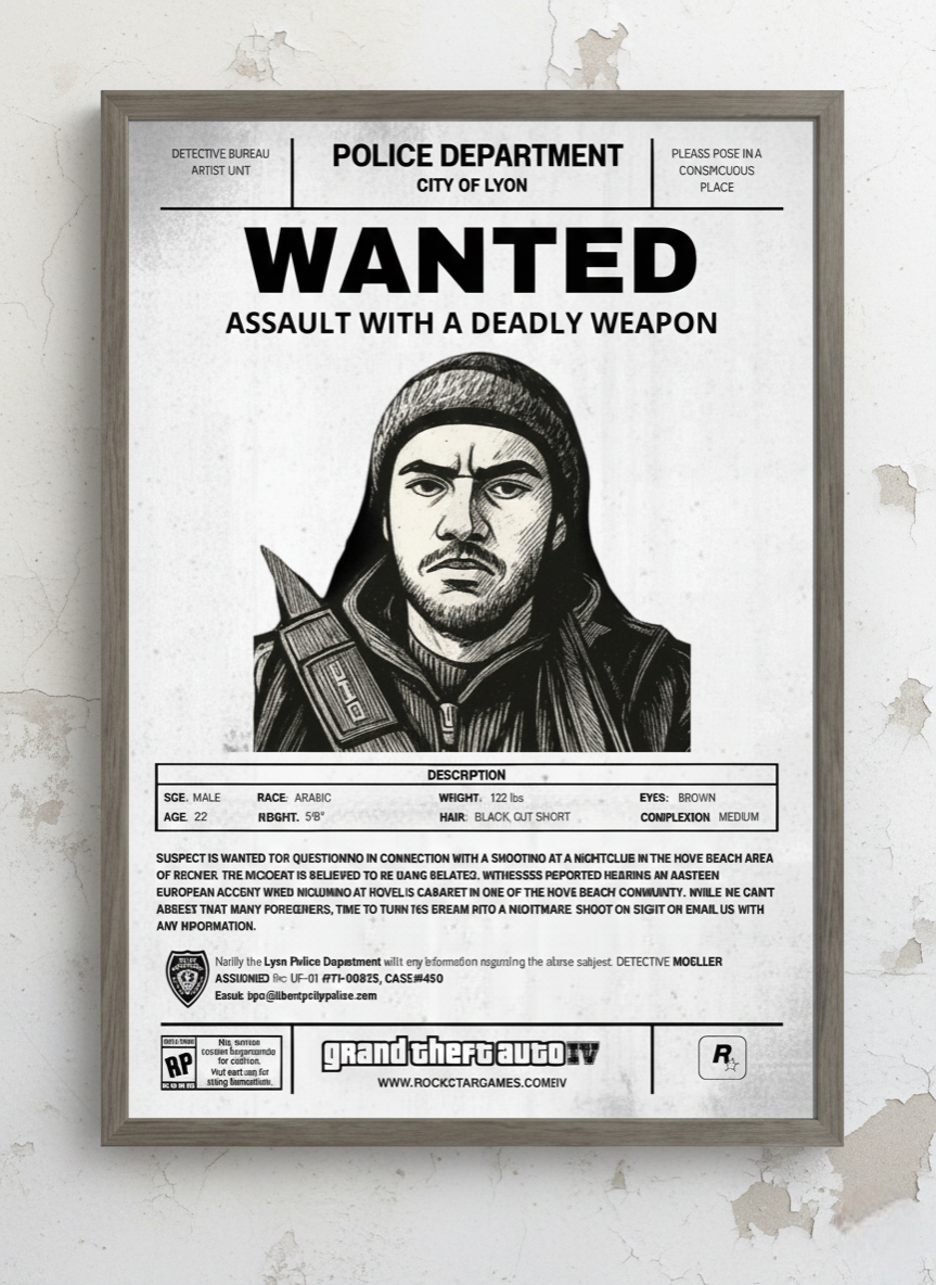 Cadre photo personnalisé style avis de recherche Wanted. Une décoration murale originale inspirée de GTA avec votre portrait en dessin.