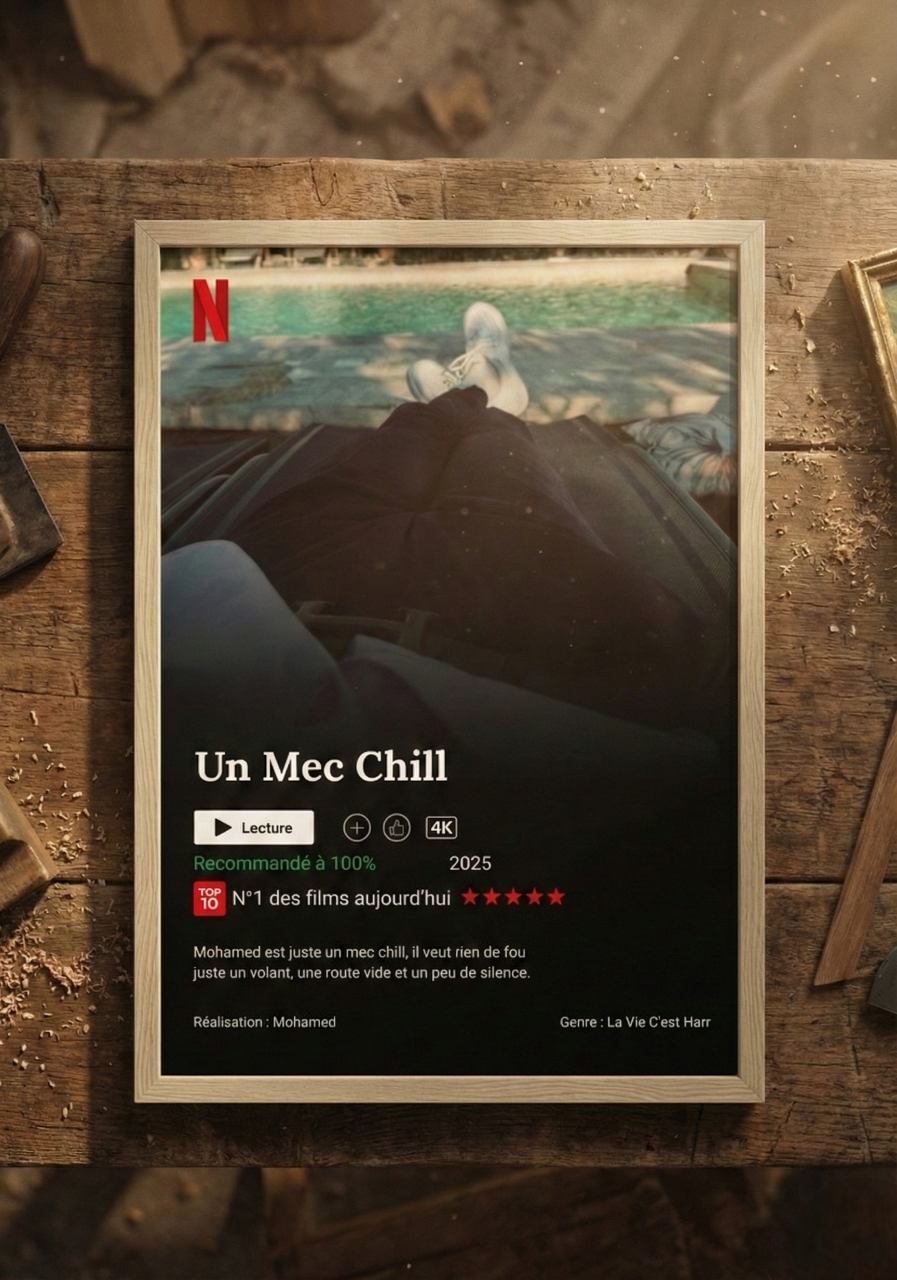 Cadre photo personnalisé style interface Netflix affiché comme décoration murale dans un salon, idée cadeau original.