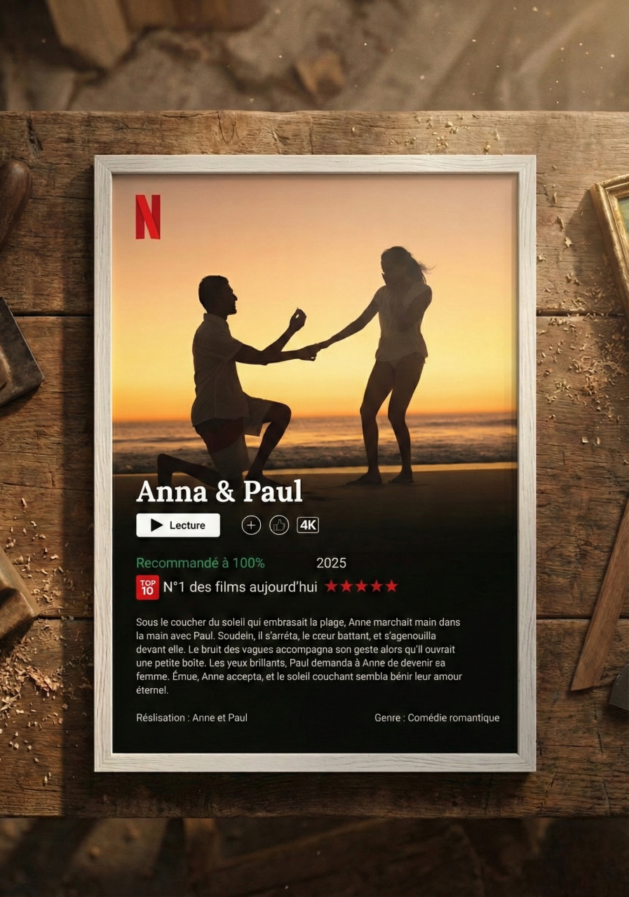 Cadre photo personnalisé style interface Netflix affiché comme décoration murale dans un salon, idée cadeau original.