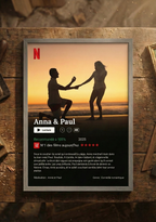 Cadre photo personnalisé style interface Netflix affiché comme décoration murale dans un salon, idée cadeau original.