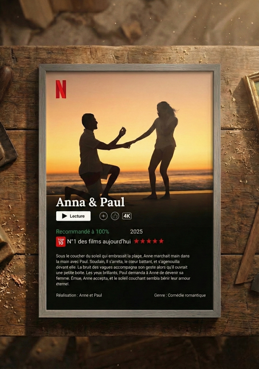 Cadre photo personnalisé style interface Netflix affiché comme décoration murale dans un salon, idée cadeau original.