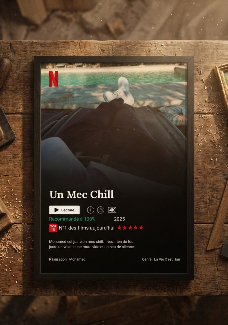 Cadre photo personnalisé style interface Netflix affiché comme décoration murale dans un salon, idée cadeau original.