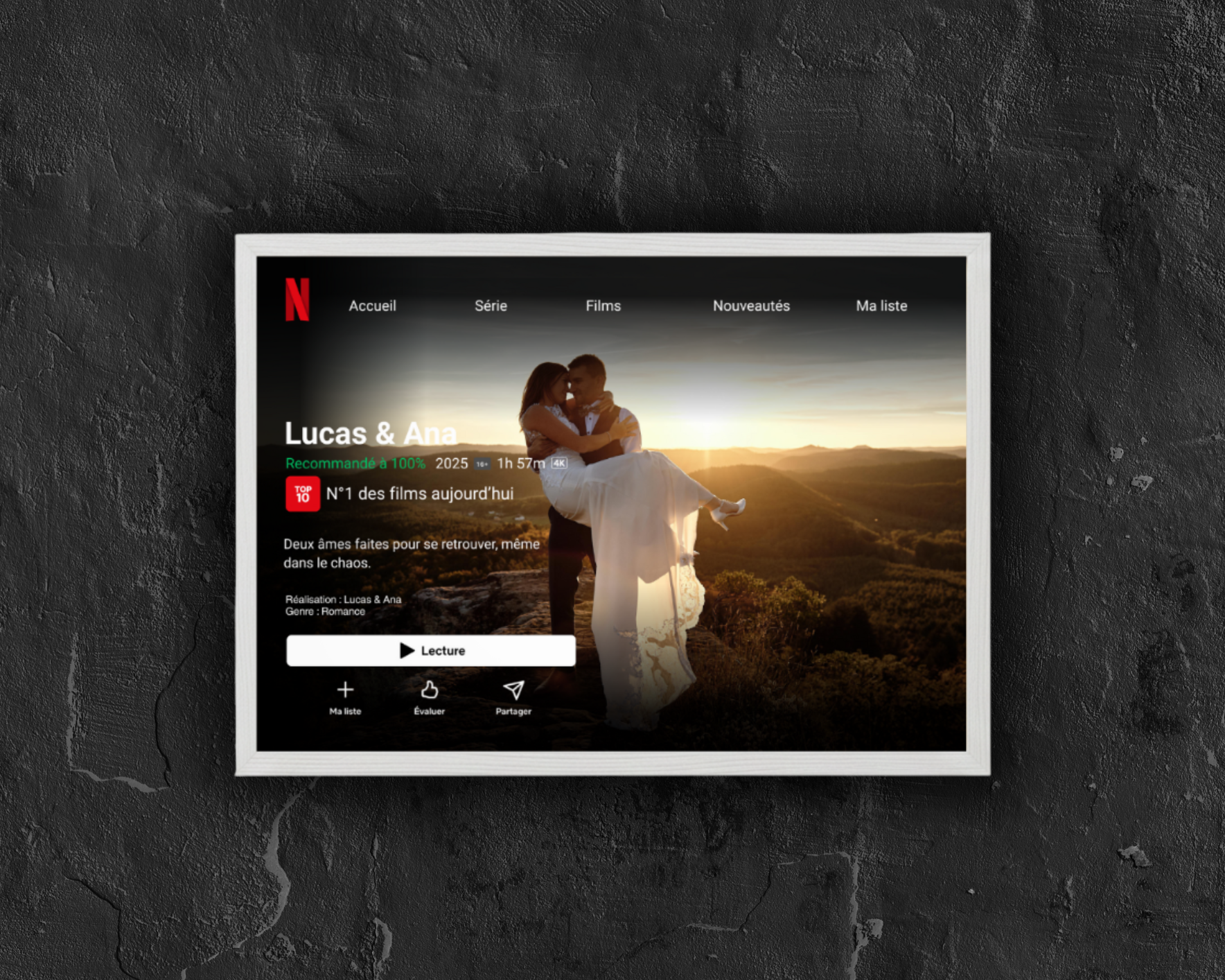 Cadre photo personnalisé style interface Netflix avec photo, idée cadeau original décoration murale.