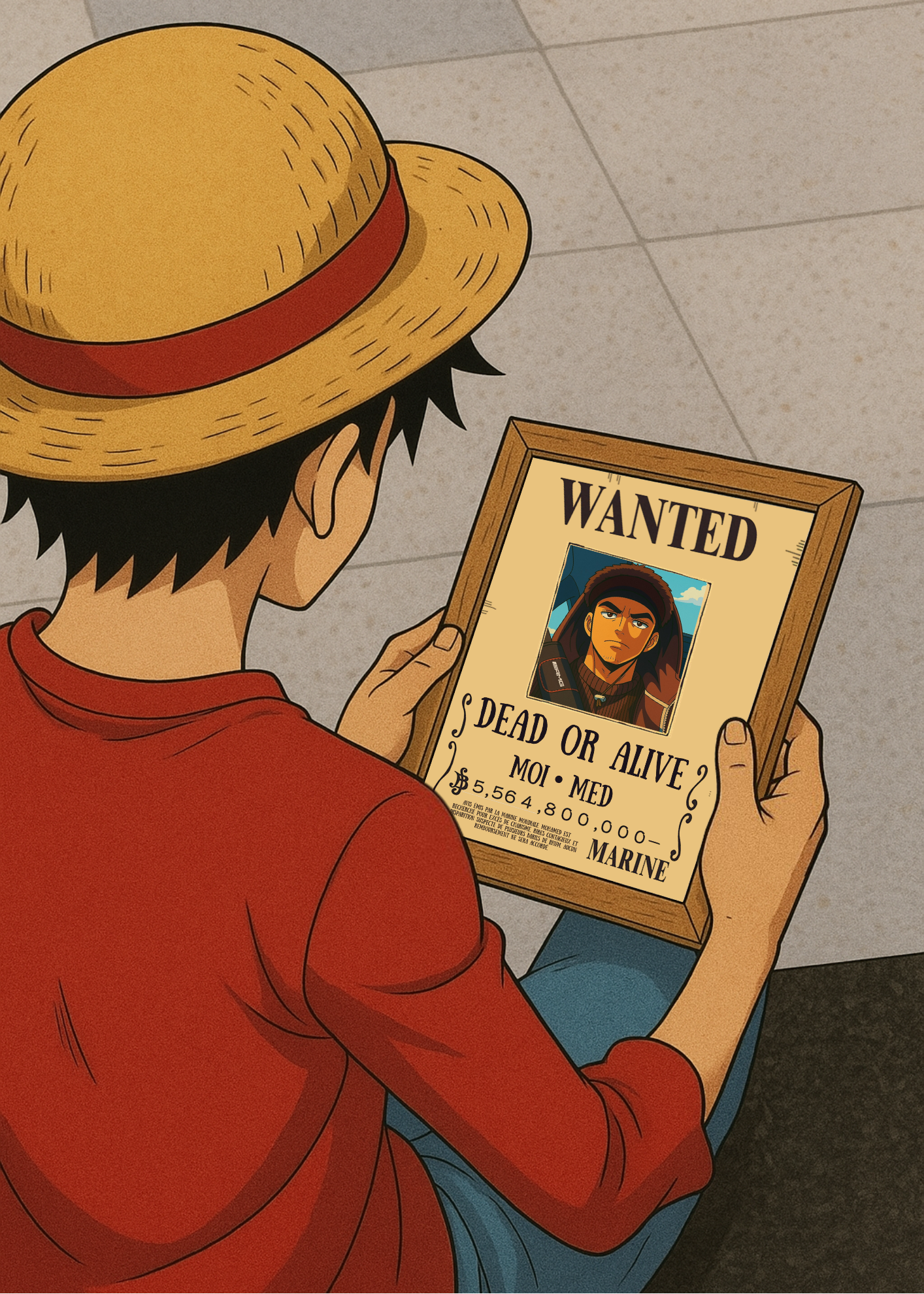 Cadre photo personnalisé style avis de recherche One Piece. Affiche Wanted Dead or Alive avec portrait et prime personnalisable.