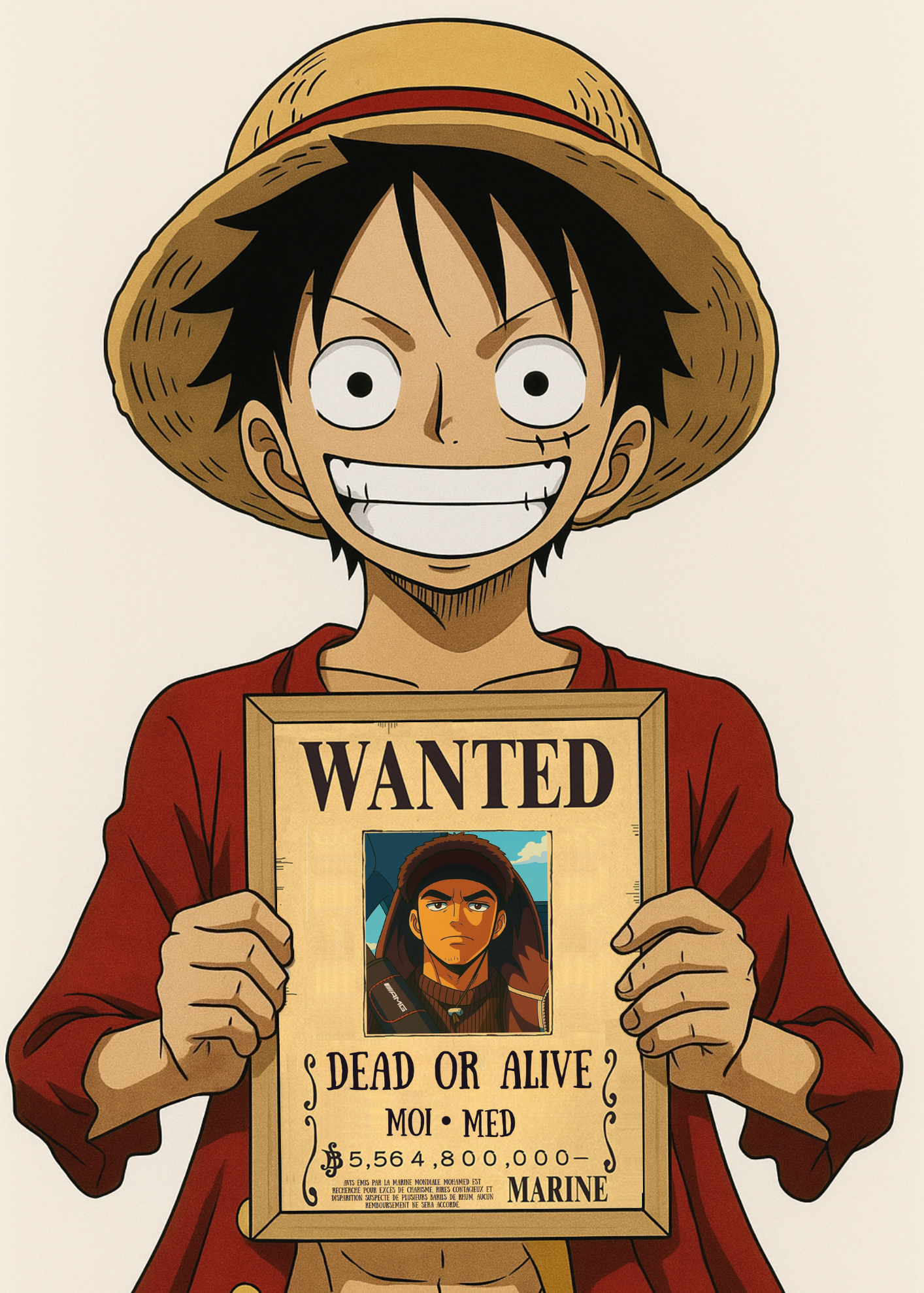 Cadeau original pour fan de manga : détail de l'affiche avis de recherche personnalisée avec prime en Berrys.