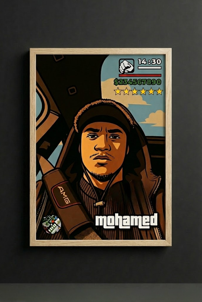 Cadre photo personnalisé style jeu vidéo GTA avec mini-map radar et interface HUD complète cadeau pour amis.