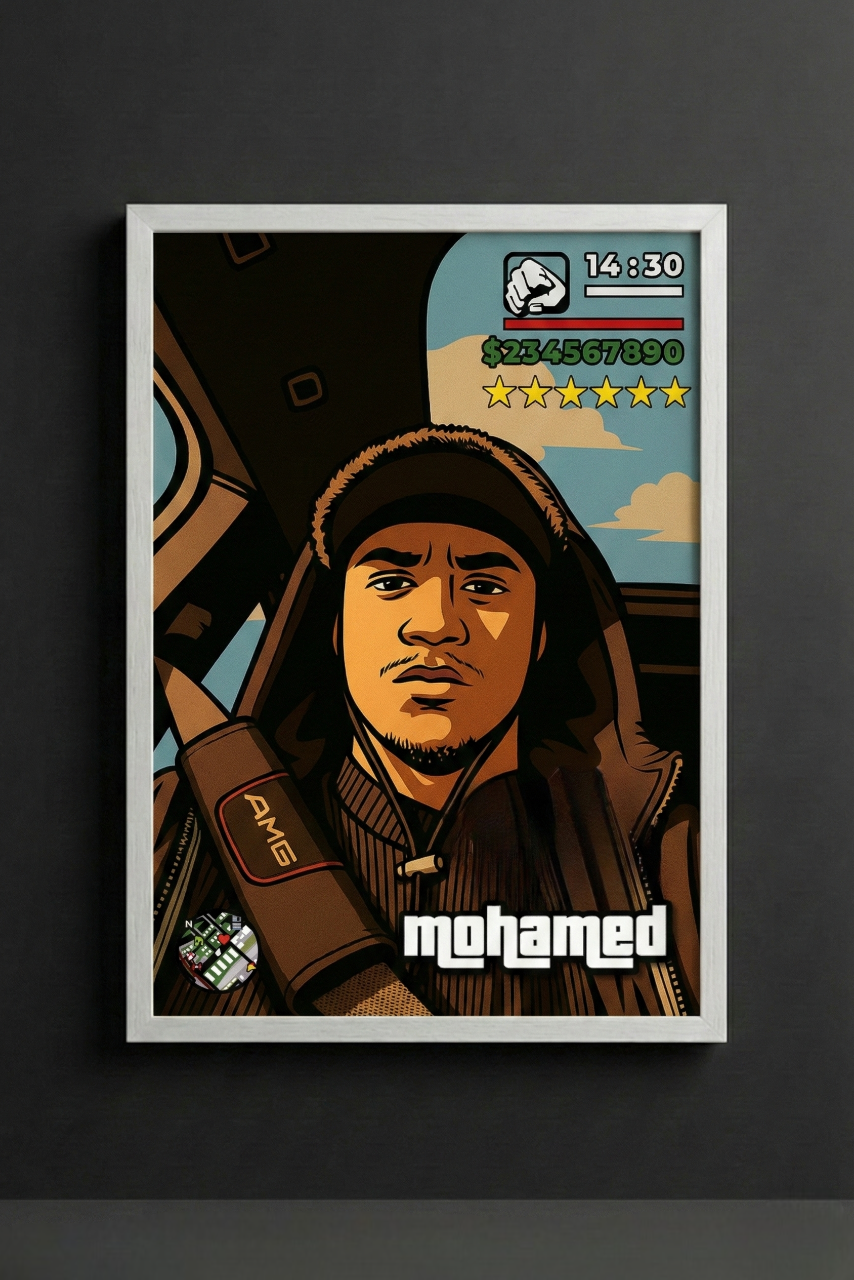 Cadre photo personnalisé style jeu vidéo GTA avec mini-map radar et interface HUD complète cadeau pour amis.