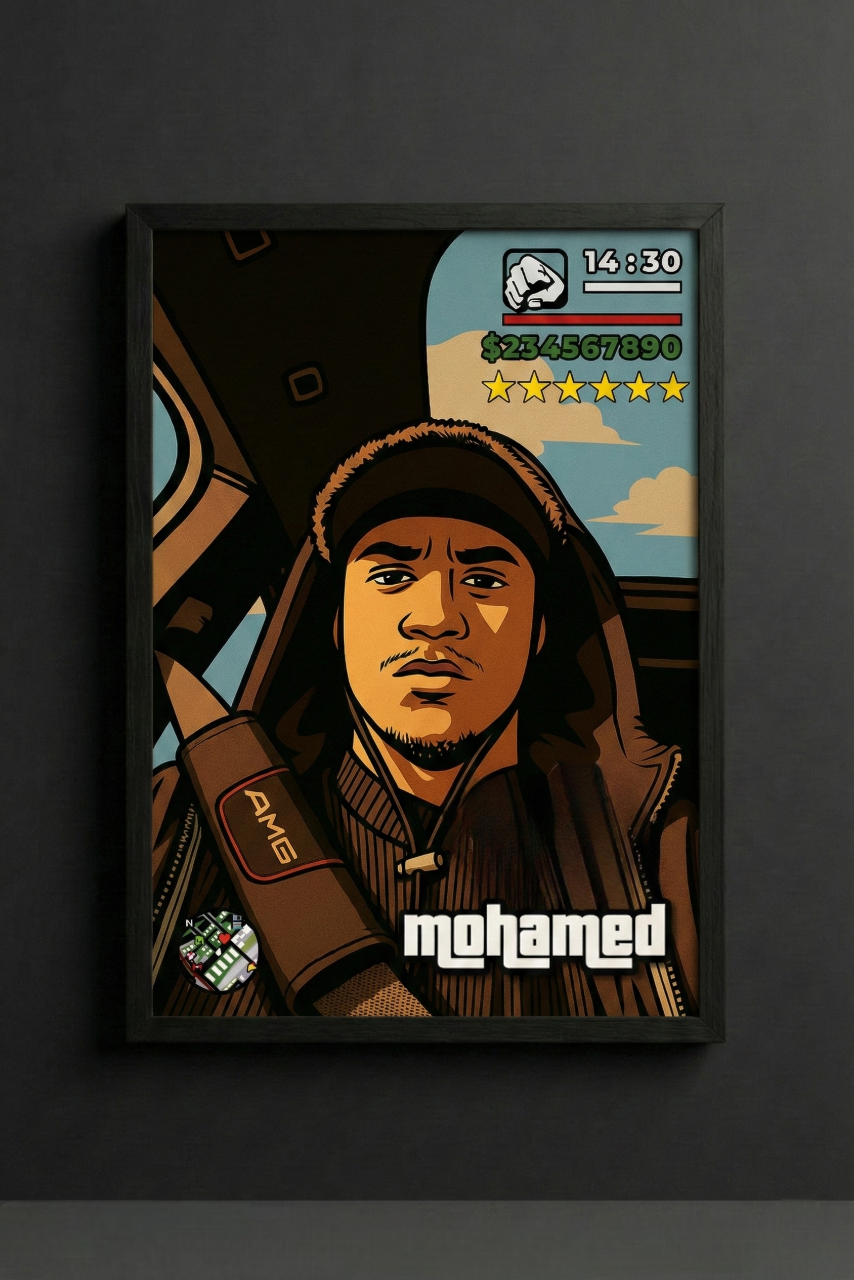 Cadre photo personnalisé style jeu vidéo GTA avec mini-map radar et interface HUD complète cadeau pour amis.