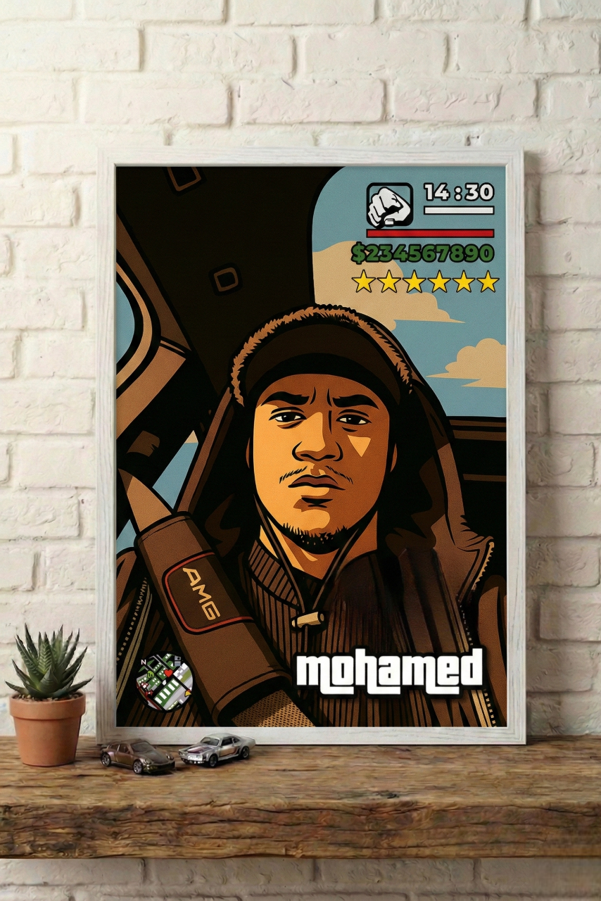 Cadre photo personnalisé style jeu vidéo GTA avec mini-map radar et interface HUD complète cadeau pour amis.