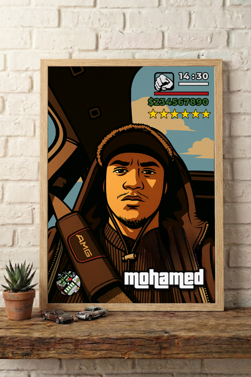 Cadre photo personnalisé style jeu vidéo GTA avec mini-map radar et interface HUD complète cadeau pour amis.