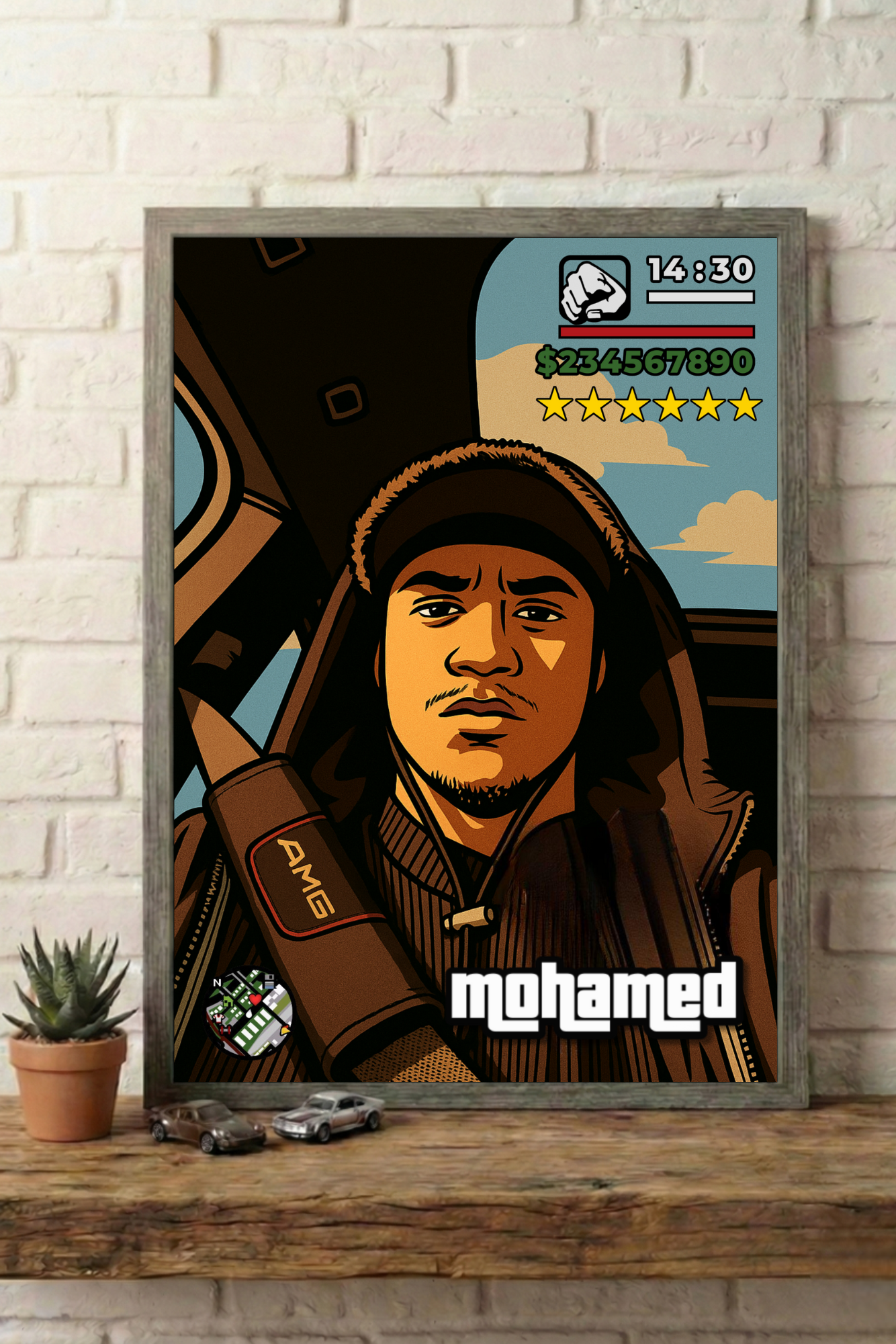 Cadre photo personnalisé style jeu vidéo GTA avec mini-map radar et interface HUD complète cadeau pour amis.