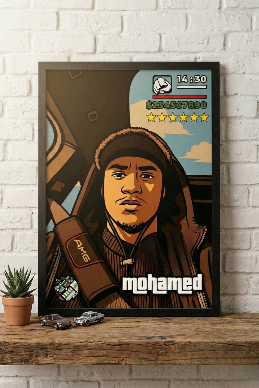 Cadre photo personnalisé style jeu vidéo GTA avec mini-map radar et interface HUD complète cadeau pour amis.