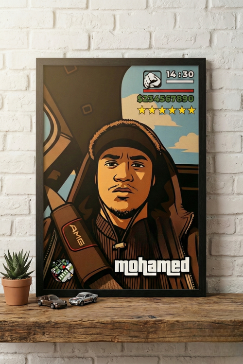 Cadre photo personnalisé style jeu vidéo GTA avec mini-map radar et interface HUD complète cadeau pour amis.