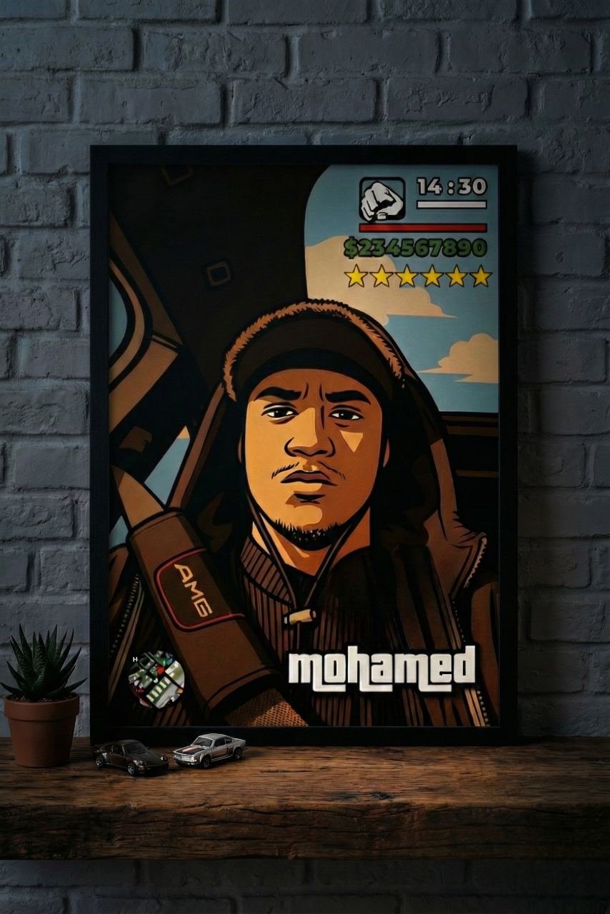 Cadre photo personnalisé style jeu vidéo GTA avec mini-map radar et interface HUD complète cadeau pour amis.