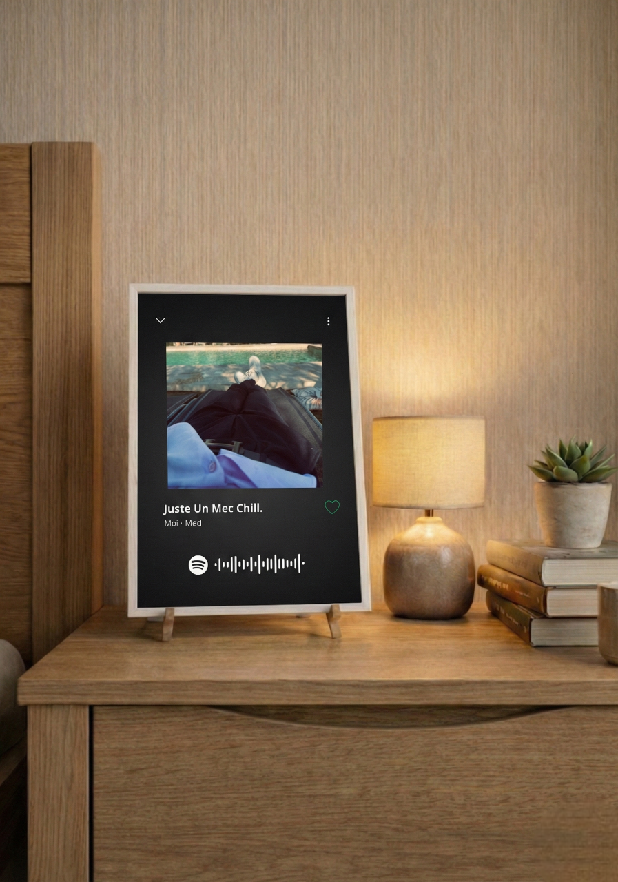 Cadre photo personnalisé style lecteur Spotify noir avec photo souvenir et code scannable
