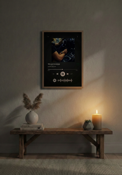 Cadre photo personnalisé style lecteur Spotify avec code scannable pour écouter de la musique, idée cadeau couple, amis et famille.