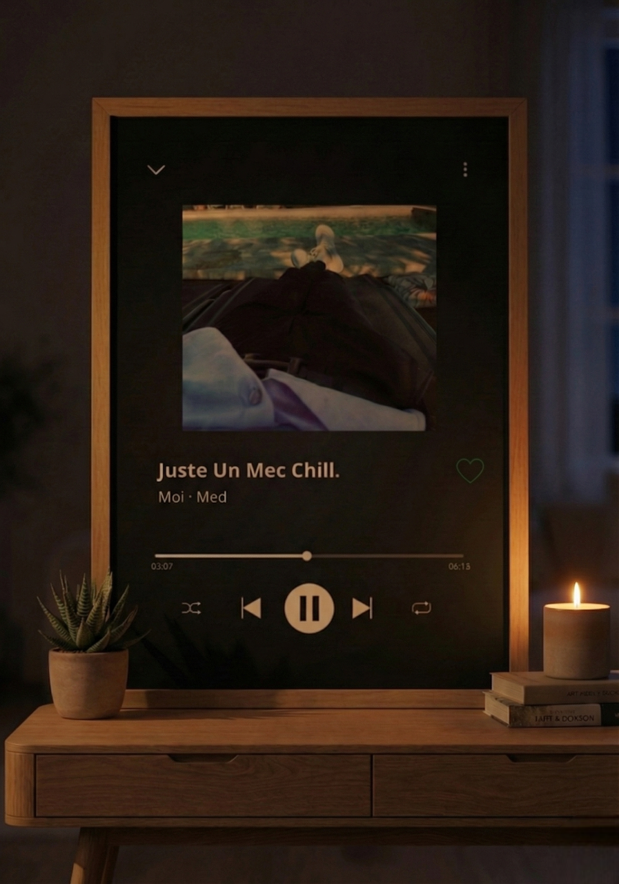 Idée de décoration murale tendance dans une chambre ou un salon : cadre photo personnalisable style application musicale 'aesthetic' affiché au mur.