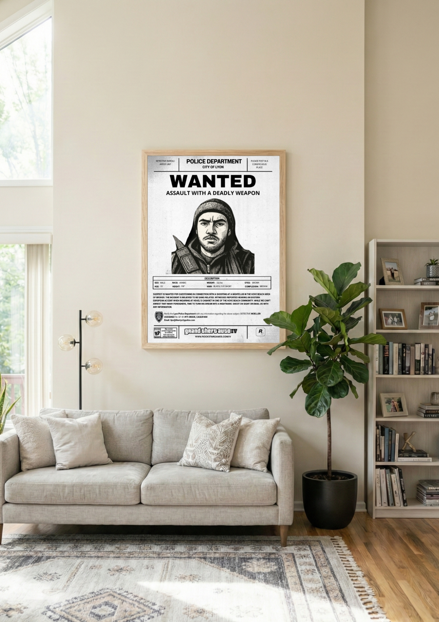 Idée de décoration intérieure moderne avec une affiche Wanted encadrée. Un cadre photo personnalisé parfait pour un setup gaming ou un salon.