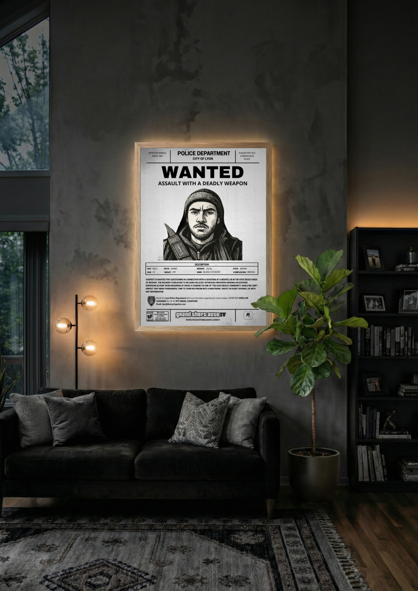 Cadre photo personnalisé style avis de recherche Wanted. Une décoration murale originale inspirée de GTA avec votre portrait en dessin.