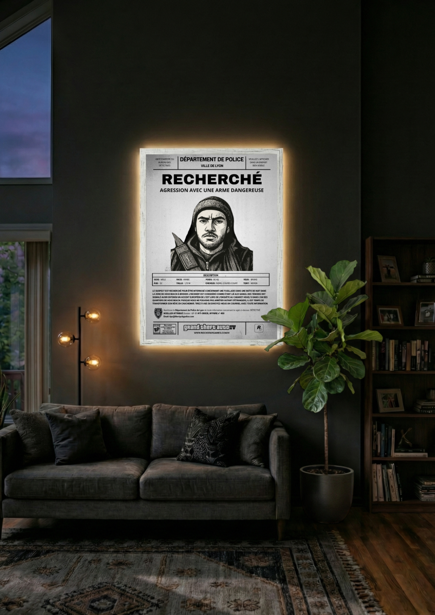 Cadre photo personnalisé style avis de recherche Wanted. Une décoration murale originale inspirée de GTA avec votre portrait en dessin.