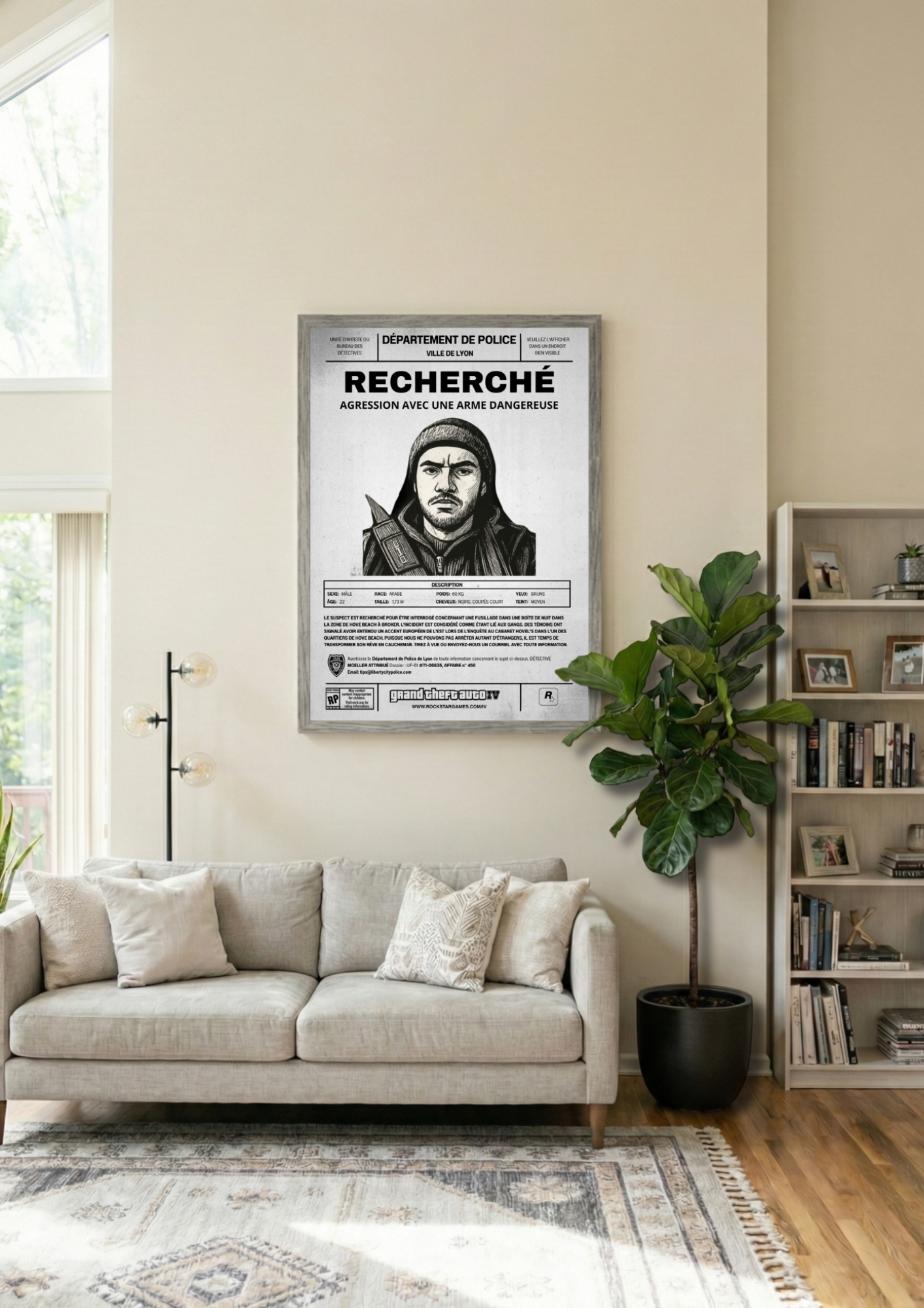 Cadre photo personnalisé style avis de recherche Wanted. Une décoration murale originale inspirée de GTA avec votre portrait en dessin.