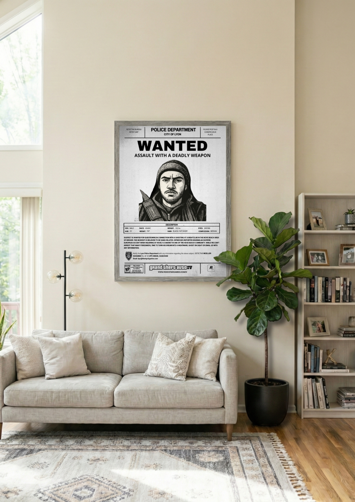 Cadre photo personnalisé style avis de recherche Wanted. Une décoration murale originale inspirée de GTA avec votre portrait en dessin.