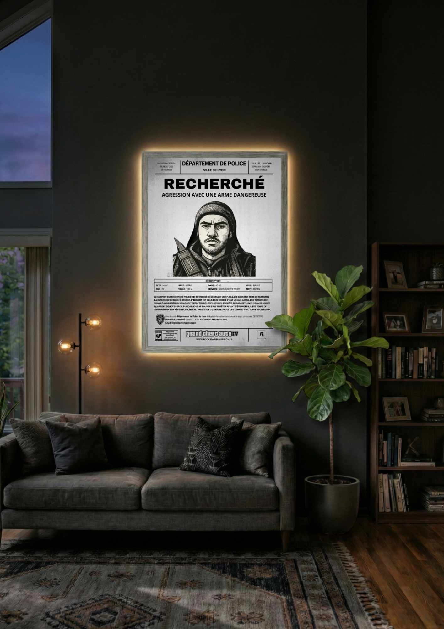 Idée de décoration intérieure moderne avec une affiche Wanted encadrée. Un cadre photo personnalisé parfait pour un setup gaming ou un salon.