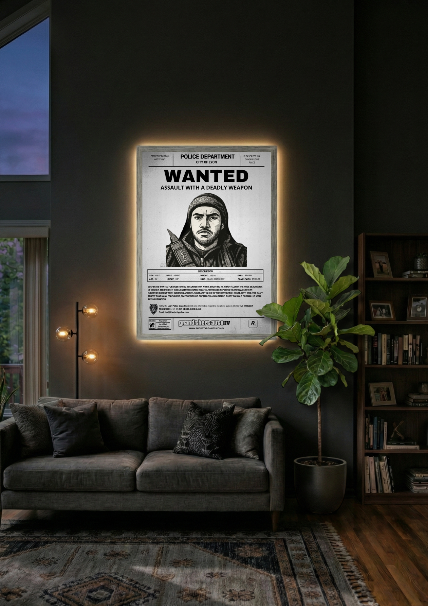 Idée de décoration intérieure moderne avec une affiche Wanted encadrée. Un cadre photo personnalisé parfait pour un setup gaming ou un salon.