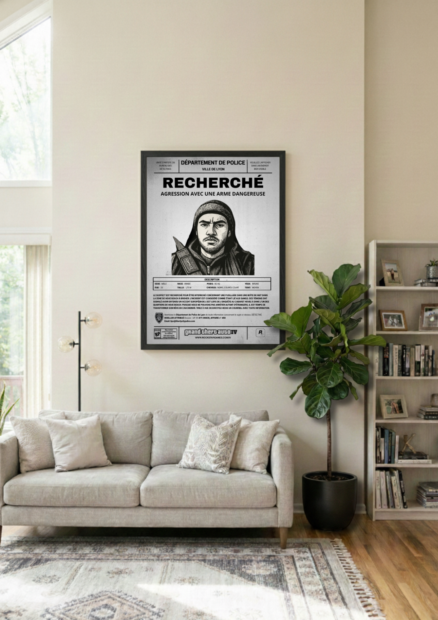 Cadre photo personnalisé style avis de recherche Wanted. Une décoration murale originale inspirée de GTA avec votre portrait en dessin.