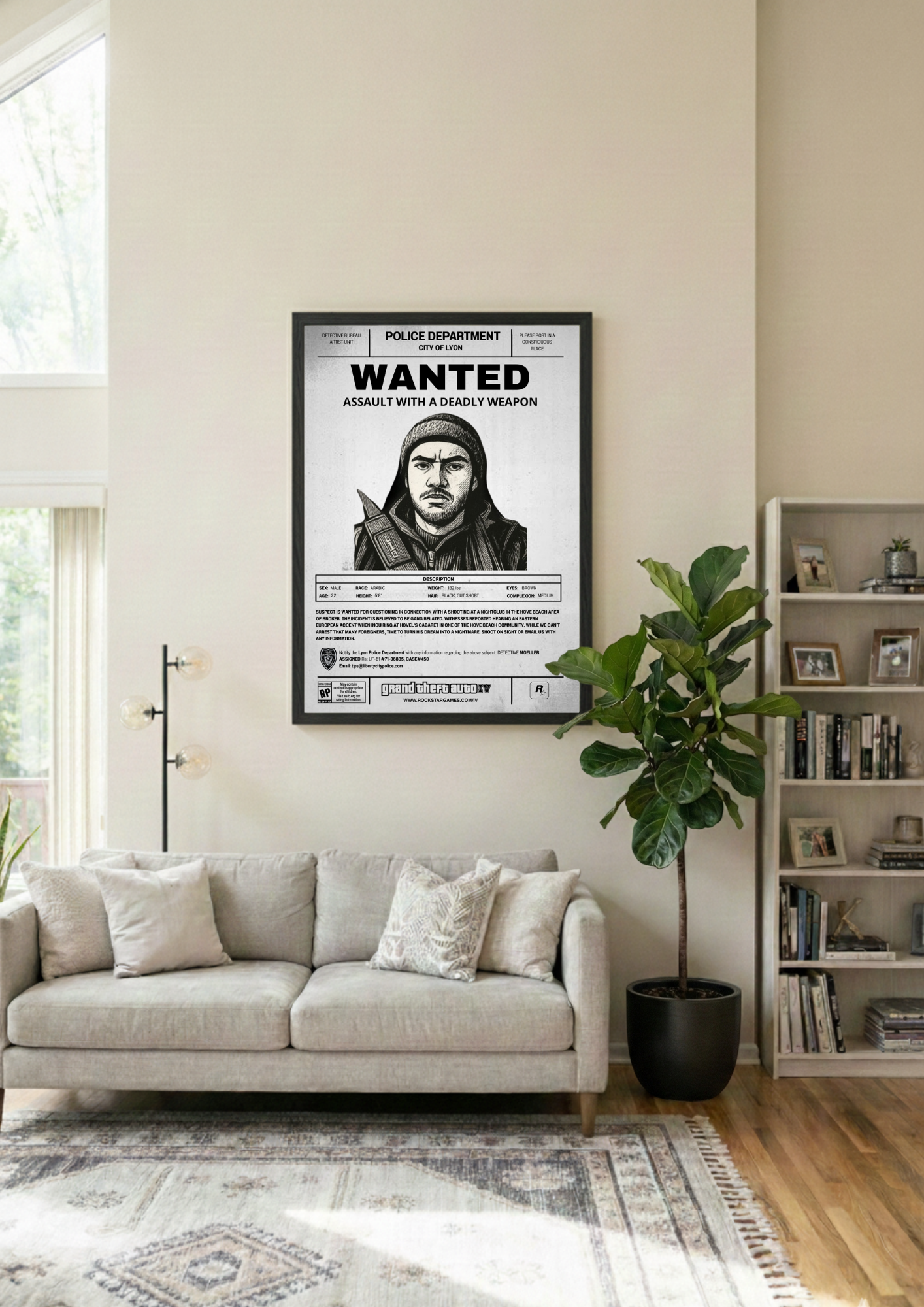 Cadre photo personnalisé style avis de recherche Wanted. Une décoration murale originale inspirée de GTA avec votre portrait en dessin.
