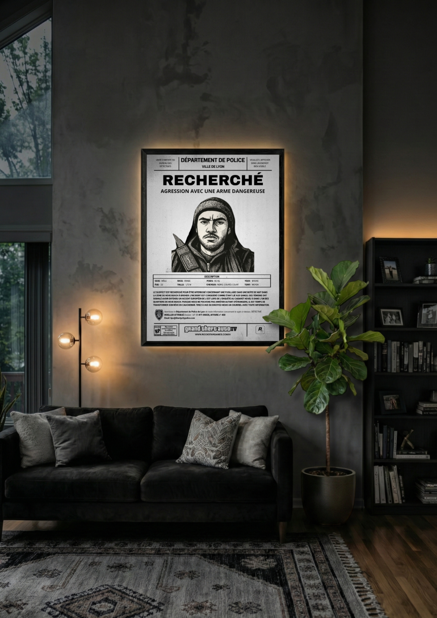 Cadre photo personnalisé style avis de recherche Wanted. Une décoration murale originale inspirée de GTA avec votre portrait en dessin.