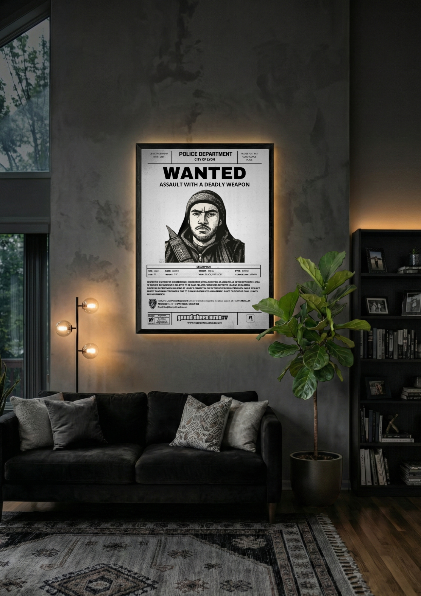 Cadre photo personnalisé style avis de recherche Wanted. Une décoration murale originale inspirée de GTA avec votre portrait en dessin.