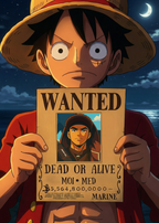 Cadre photo personnalisé style avis de recherche One Piece. Affiche Wanted Dead or Alive avec portrait et prime personnalisable.