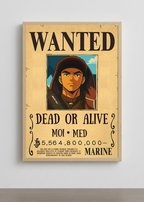 Cadre photo personnalisé style avis de recherche One Piece. Affiche Wanted Dead or Alive avec portrait et prime personnalisable.