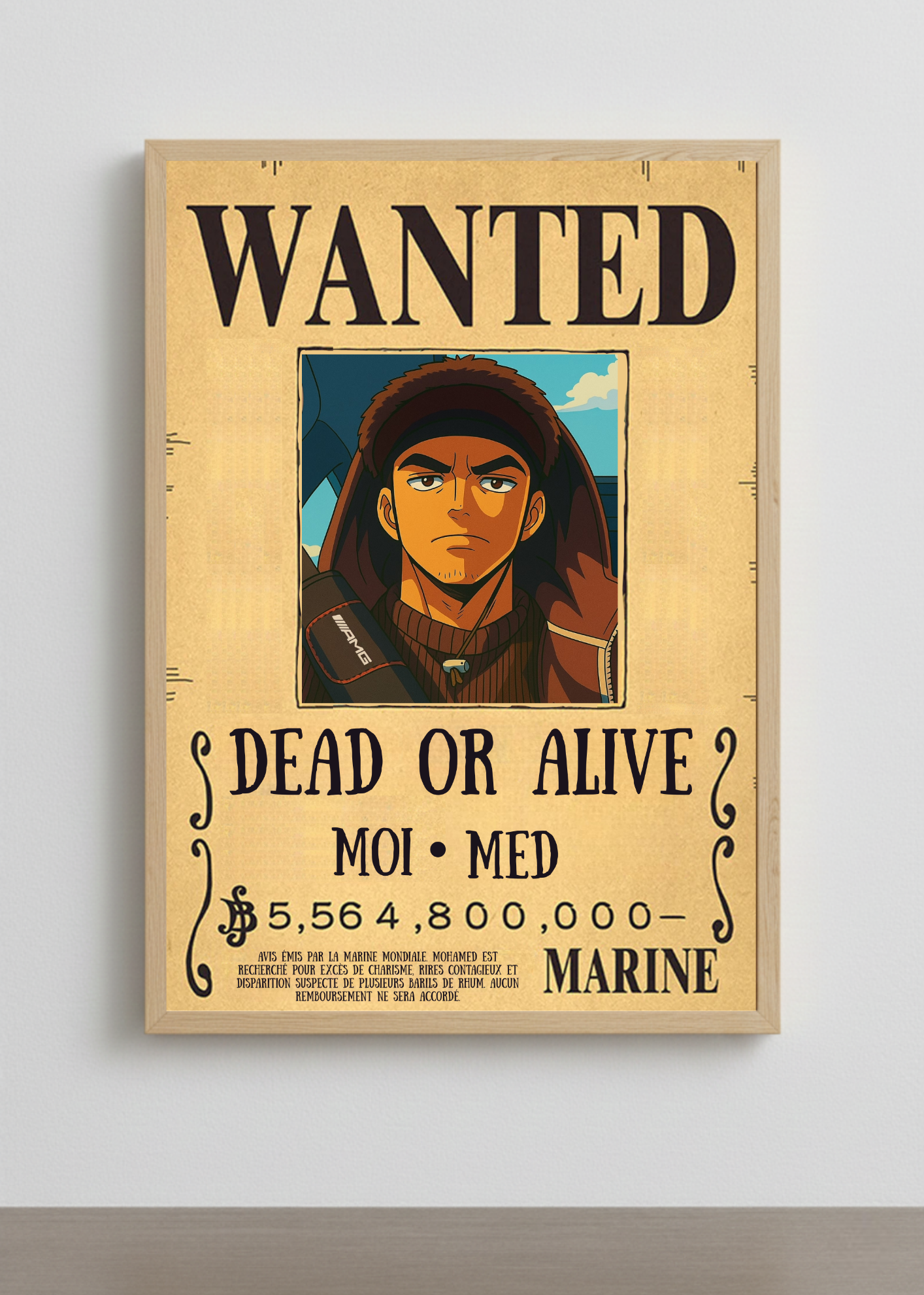 Cadre photo personnalisé style avis de recherche One Piece. Affiche Wanted Dead or Alive avec portrait et prime personnalisable.