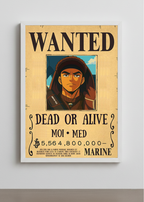 Cadre photo personnalisé style avis de recherche One Piece. Affiche Wanted Dead or Alive avec portrait et prime personnalisable.