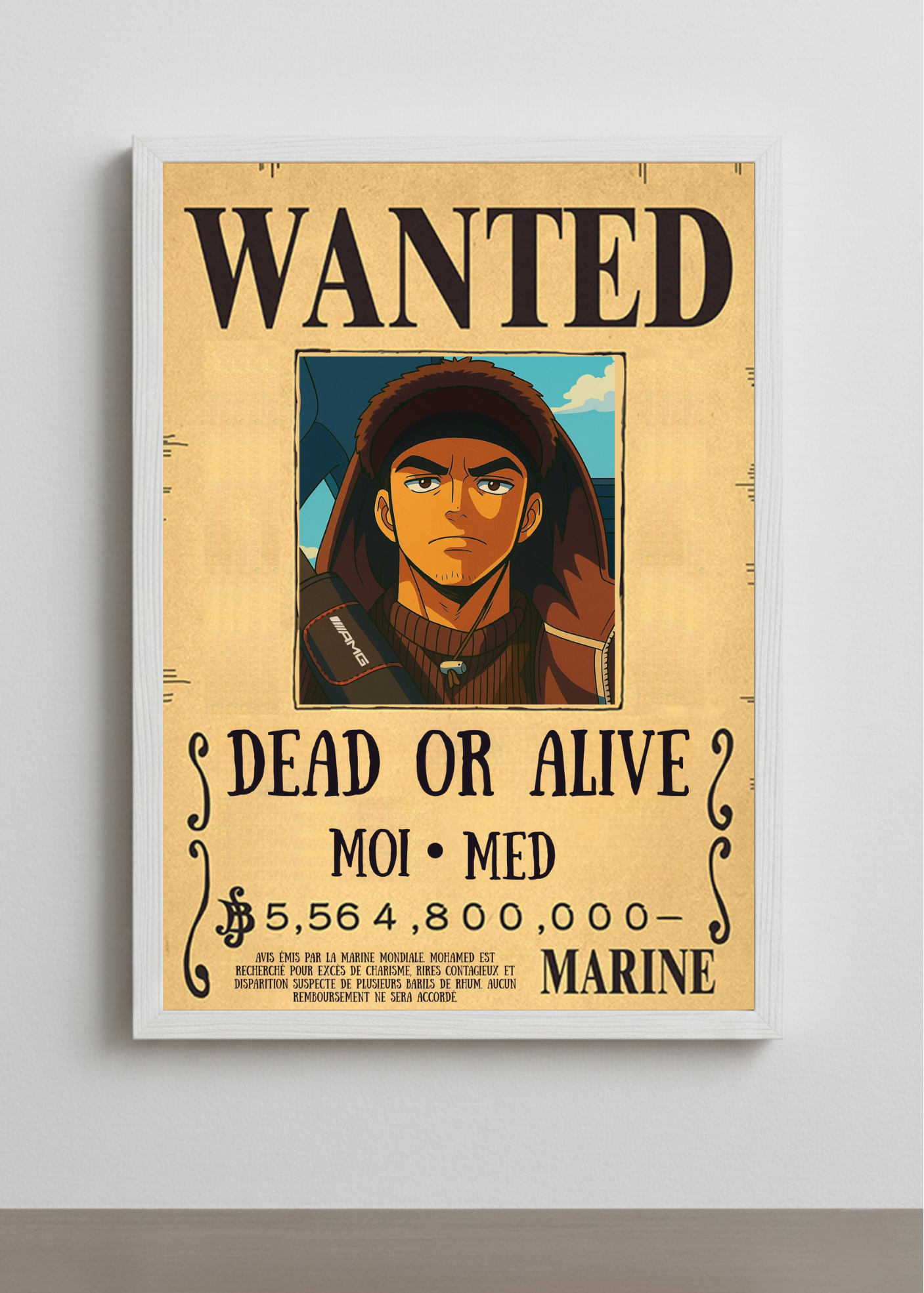 Cadre photo personnalisé style avis de recherche One Piece. Affiche Wanted Dead or Alive avec portrait et prime personnalisable.
