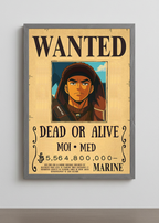 Cadre photo personnalisé style avis de recherche One Piece. Affiche Wanted Dead or Alive avec portrait et prime personnalisable.