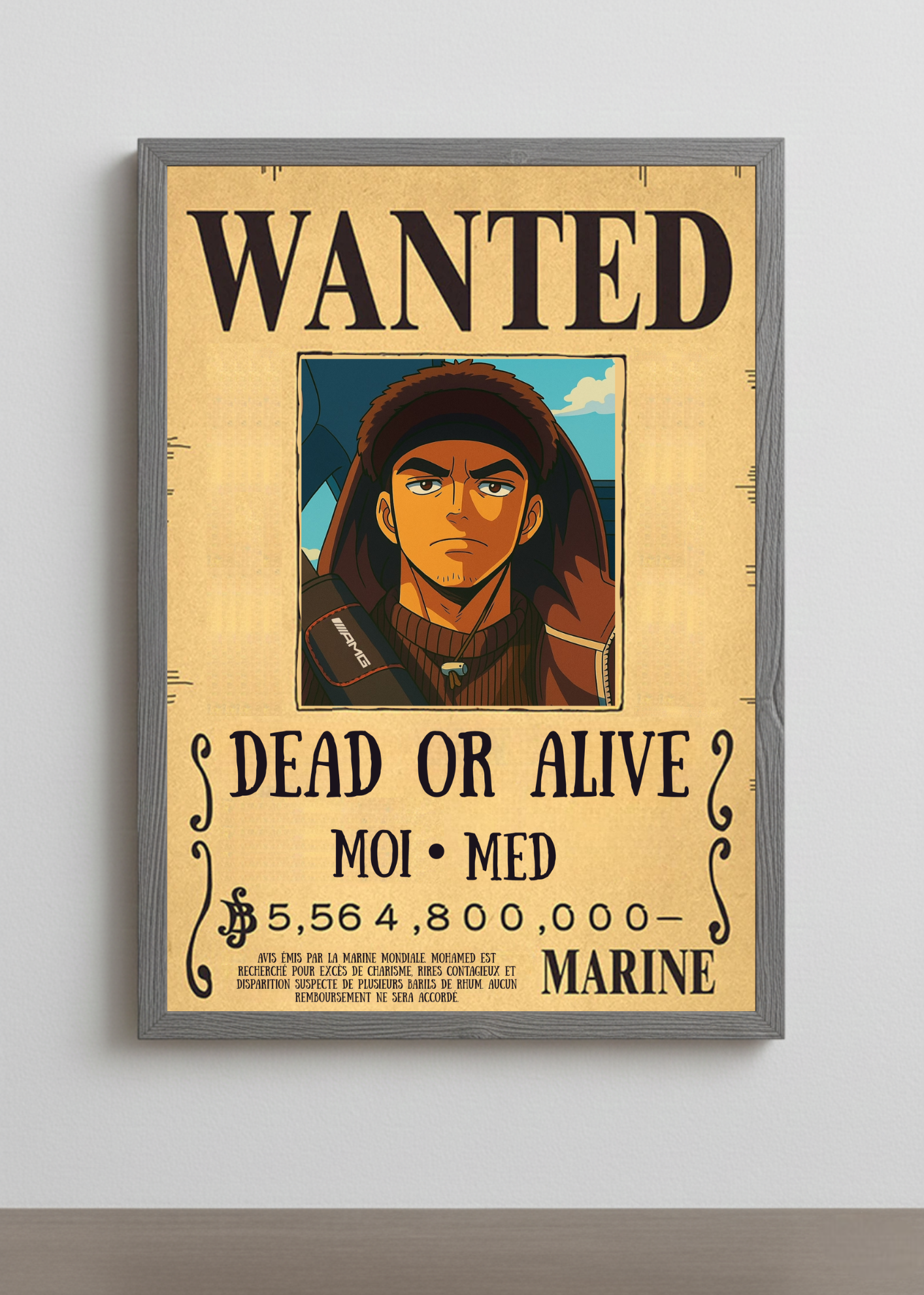 Cadre photo personnalisé style avis de recherche One Piece. Affiche Wanted Dead or Alive avec portrait et prime personnalisable.