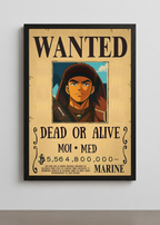 Cadre photo personnalisé style avis de recherche One Piece. Affiche Wanted Dead or Alive avec portrait et prime personnalisable.