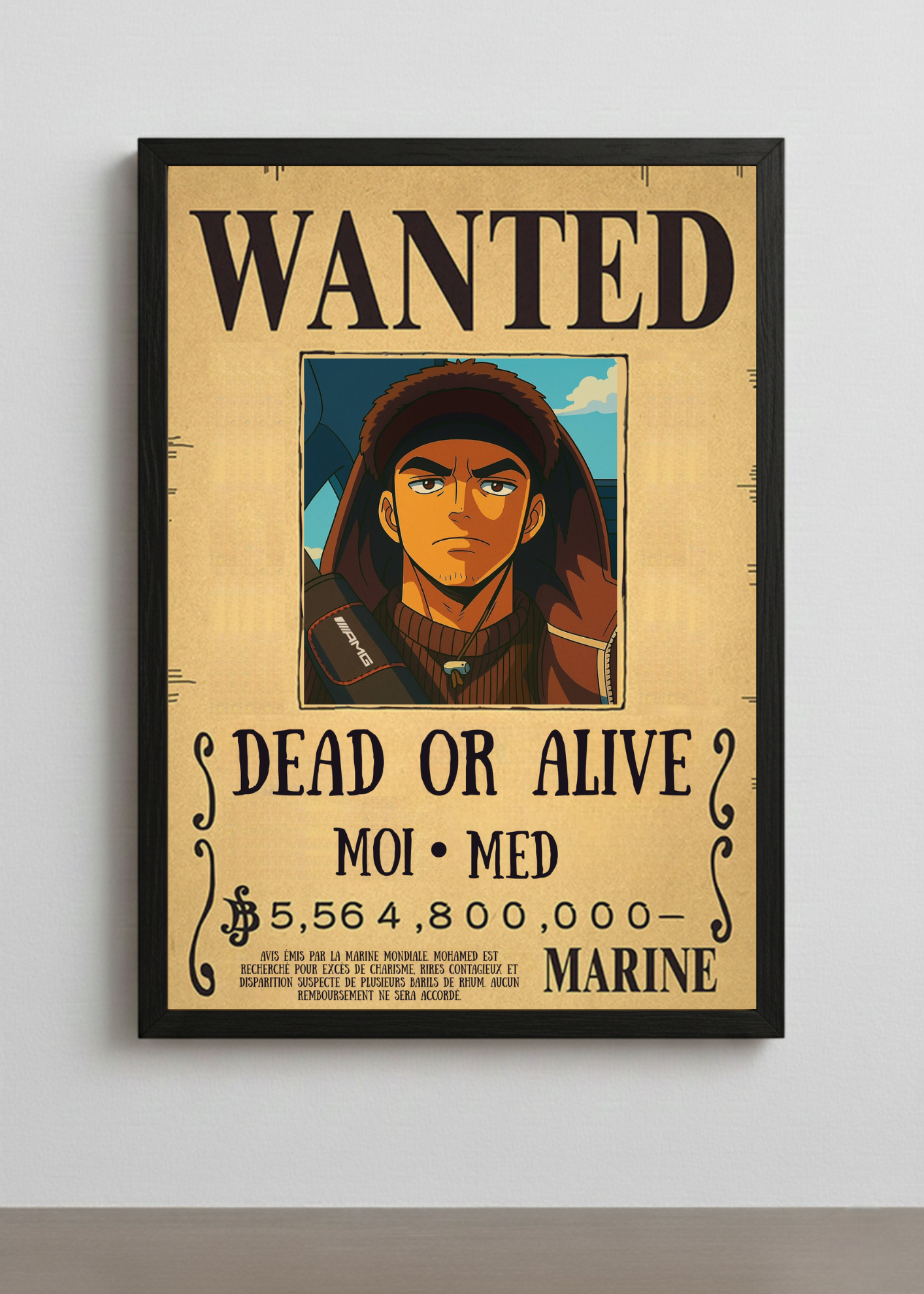 Cadre photo personnalisé style avis de recherche One Piece. Affiche Wanted Dead or Alive avec portrait et prime personnalisable.