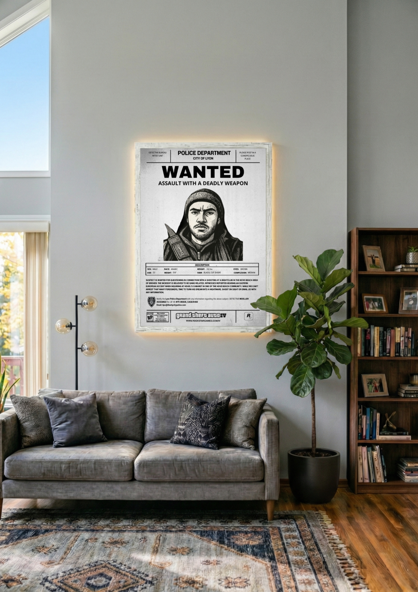 Idée de décoration intérieure moderne avec une affiche Wanted encadrée. Un cadre photo personnalisé parfait pour un setup gaming ou un salon.